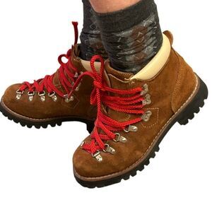 Brooks Vibram Mountain Hiking Boots Brown Suede Leather Red Vintage 80s 5.5 7